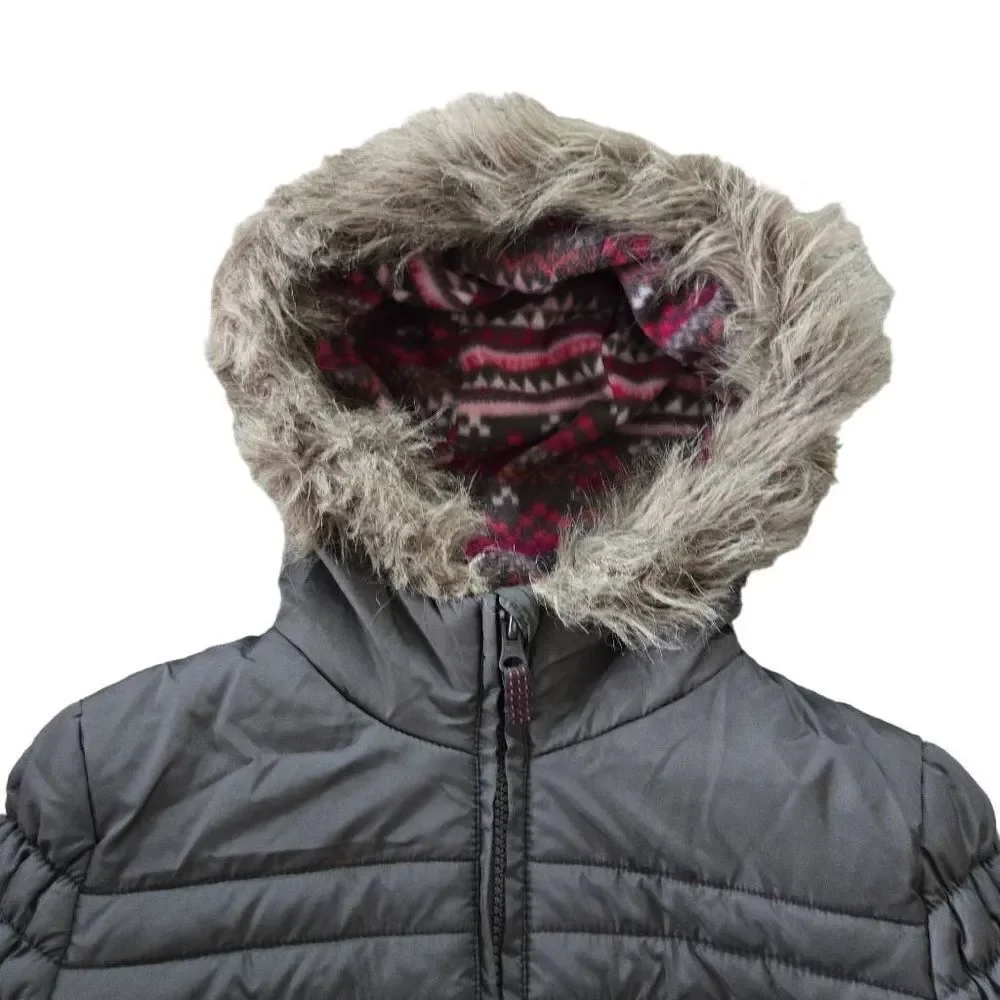 London Fog Girls Gray Puffer Jacket XL/14-16 Faux Fur Trimmed Hood